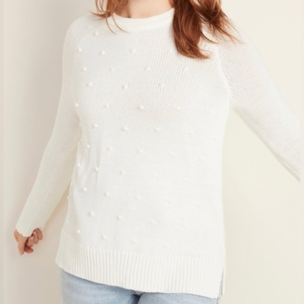 (NWT) Old Navy Winter White Knit Sweater with Pom Pom / Ball Detail, Size Large